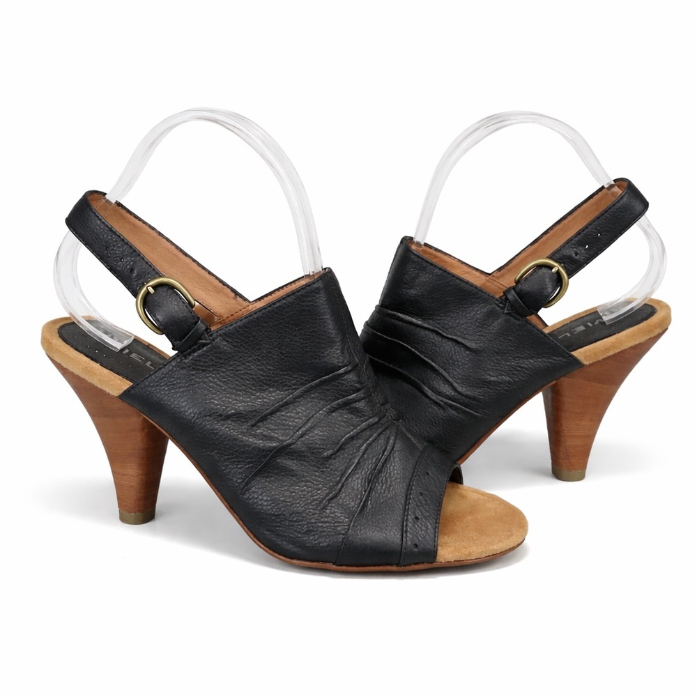 BIVIEL ANTHROPOLOGIE Women’s Black Leather Slingback Ruched Open Toe Cone Heels